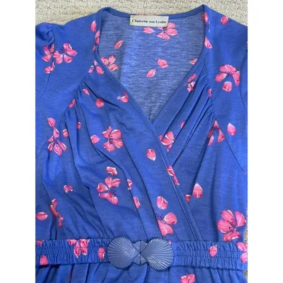Christine Von Lumbe Vtg 80s Belted Floral Purple Pink Shell Buckle Dress Small - Picture 7 of 10